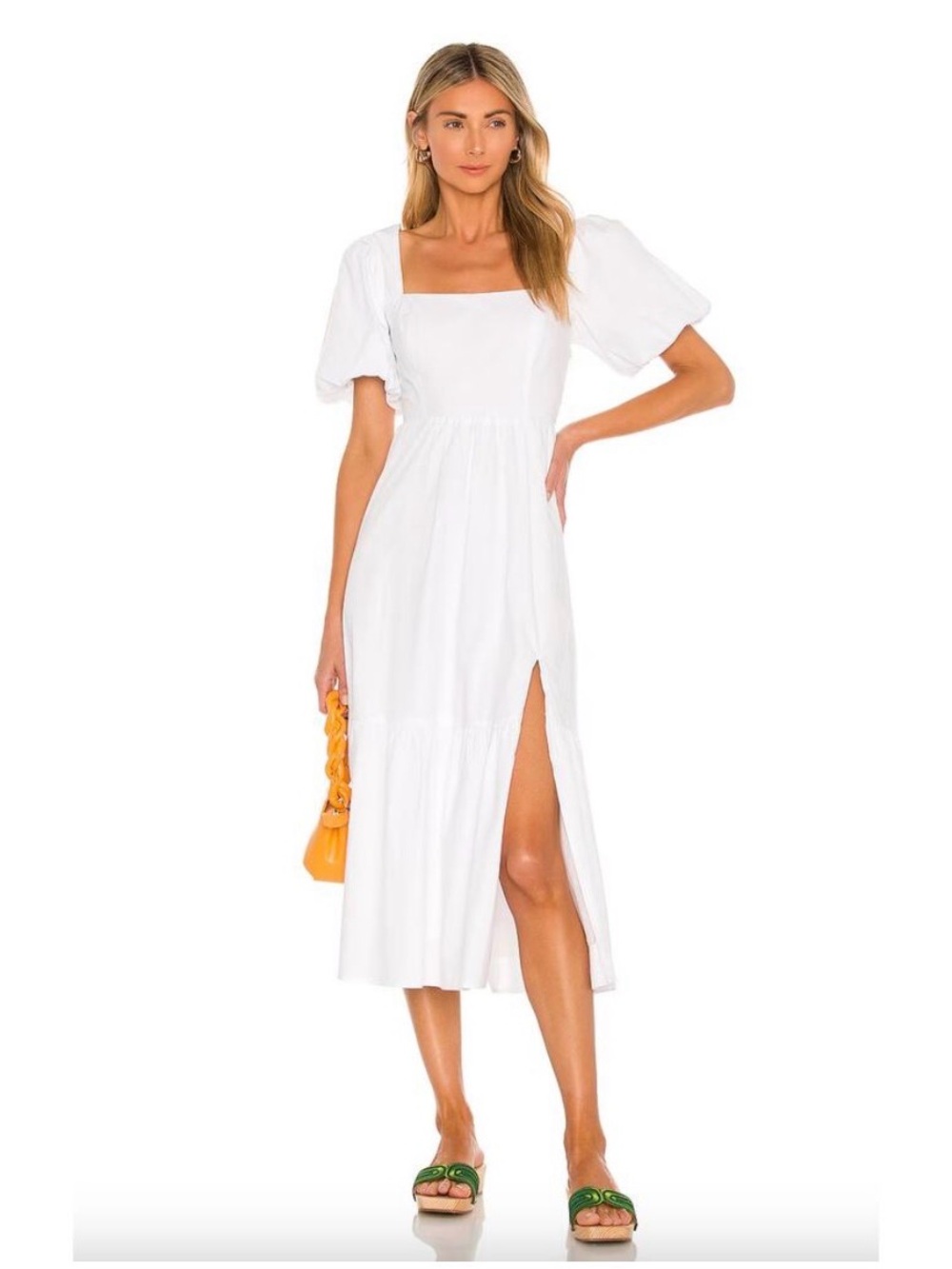 Astr White Square-Neck Midi Dress with Puff Sleeves